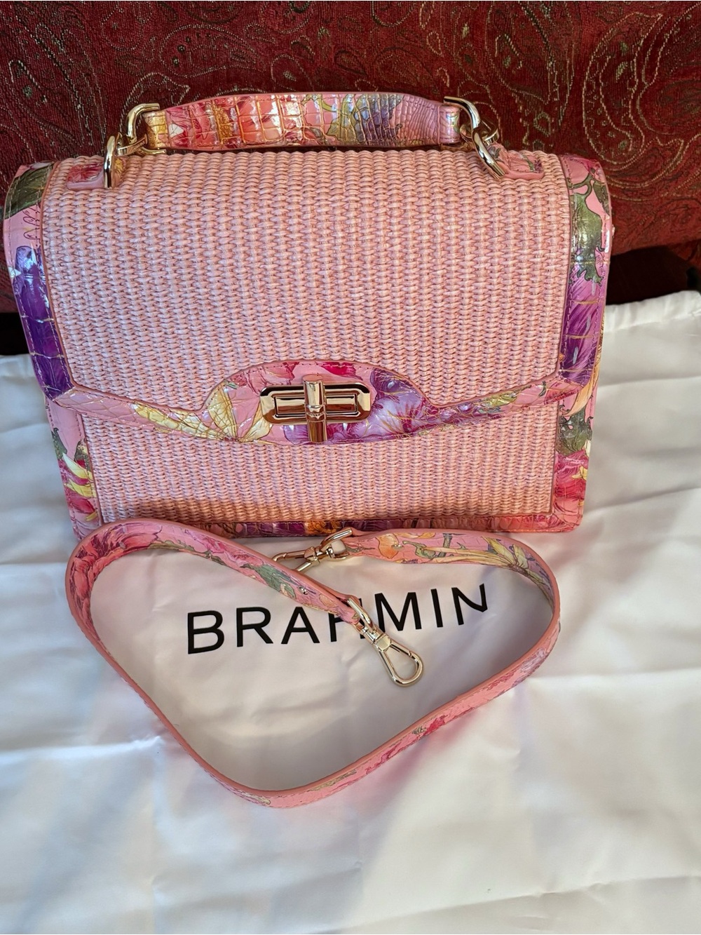 Brahmin Hallie Straw and Croc Embossed Pink Satchel with Floral Trim - Picture 3 of 9